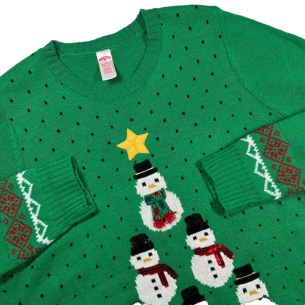 Holiday Time Ugly Christmas Sweater Womens 2X Green Shimmer Snowman Tree Festive